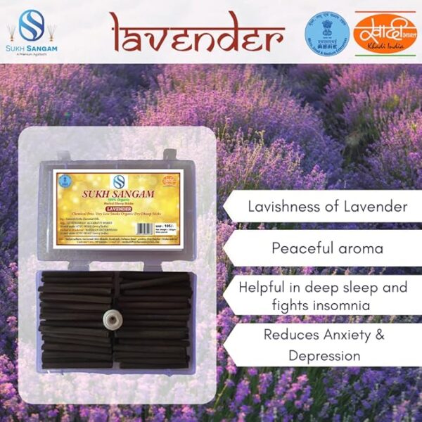 Sukh Sangam Low Smoke Sandal Wood Dhoop Sticks / Lavender Dhoop Batti (100gram) Long Lasting Perfume for Home Fragrance / Meditation / Dhoop for Pooja / Free Dhoop Holder - Image 3